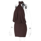 Coffee Sexy Daily Hot Club Nightclub Solid Color Halter Wrapped Skirt Dresses