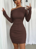 Apricot Sexy Casual Nightclub Office lady Solid Color Off Shoulder Wrapped Skirt Dresses