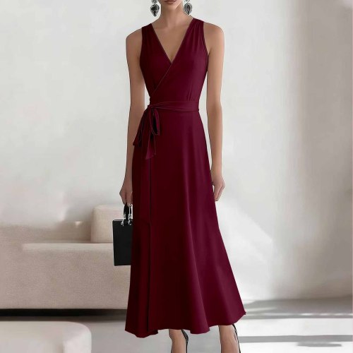 Burgundy Sexy Casual Daily Party Vacation Formal Prom Office lady Solid Color V Neck A Line Dresses