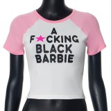 Pink Letter Print O Neck T-Shirts