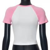 Pink Letter Print O Neck T-Shirts