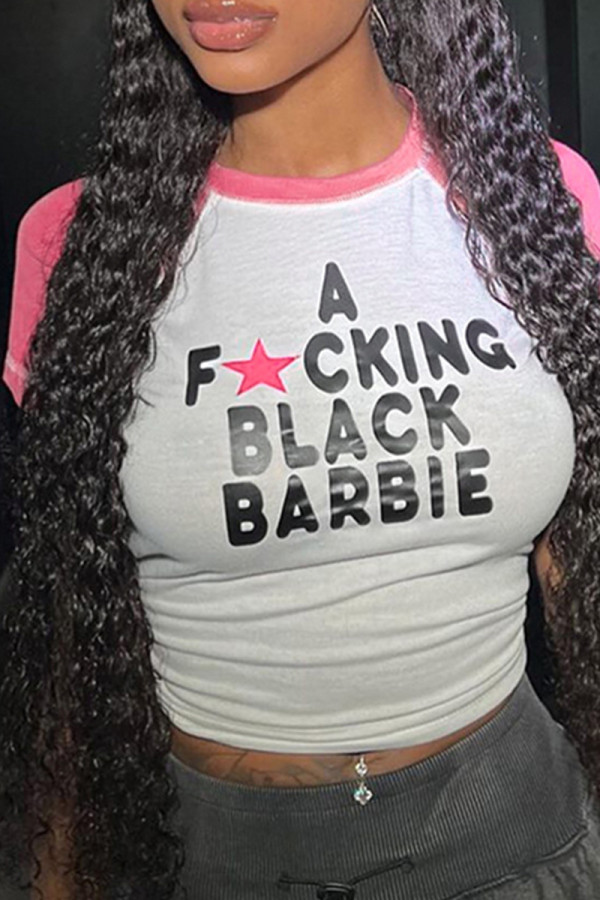 Pink Letter Print O Neck T-Shirts