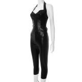 Black Sexy Daily Solid Color Sleeveless Two Pieces
