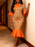Orange Floral Print Bow Decor Fishtail Dresses