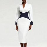 White Business Wear Formal Office lady Patchwork Zipper Contrast V Neck Dresses