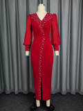 Red Sexy Party Formal Prom Office lady Solid Color Mesh V Neck Wrapped Skirt Dresses