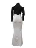 Black White Contrast Halter Wrapped Skirt Dresses