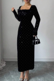 Black Sexy Celebrities Vacation Formal Prom Birthday Solid Color Square Neck Wrapped Skirt Dresses