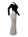 Black White Contrast Halter Wrapped Skirt Dresses
