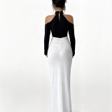 Black White Contrast Halter Wrapped Skirt Dresses