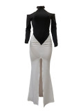 Black White Contrast Halter Wrapped Skirt Dresses