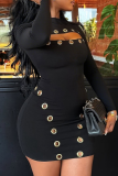 Black Sexy Nightclub Solid Color Hollow Out O Neck Wrapped Skirt Dresses