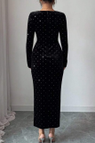 Black Sexy Celebrities Vacation Formal Prom Birthday Solid Color Square Neck Wrapped Skirt Dresses
