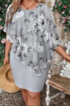 Grey Plus Size Casual O Neck Wrapped Skirt Dresses