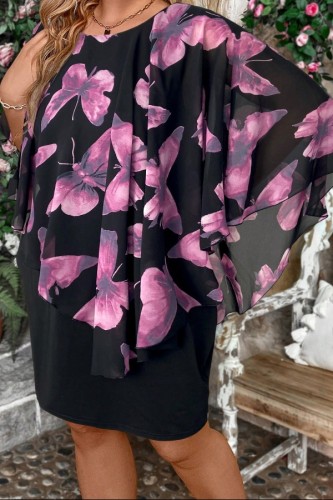 Black Plus Size Casual O Neck Wrapped Skirt Dresses