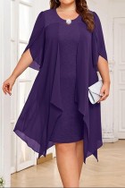 Purple Solid Color O Neck A Line Short Sleeve Dress
