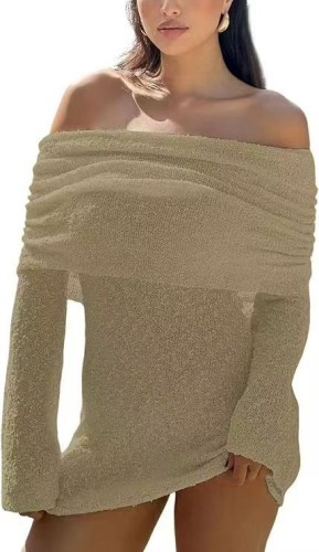 Coffee Off Shoulder Wrapped Skirt Dresses