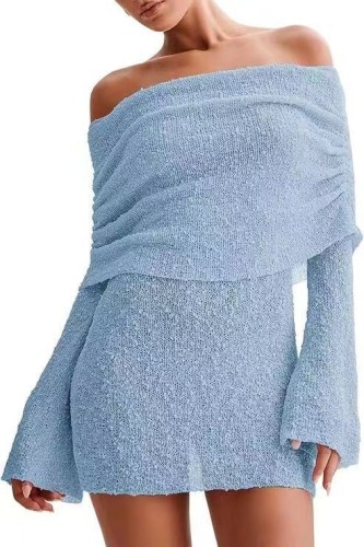 Baby Blue Off Shoulder Wrapped Skirt Dresses