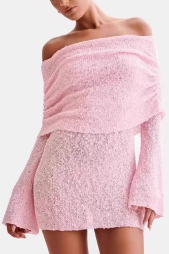 Pink Off Shoulder Wrapped Skirt Dresses