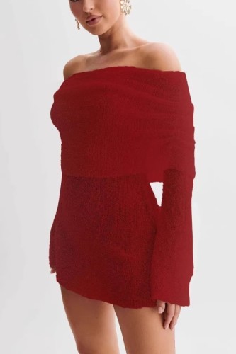 Red Off Shoulder Wrapped Skirt Dresses