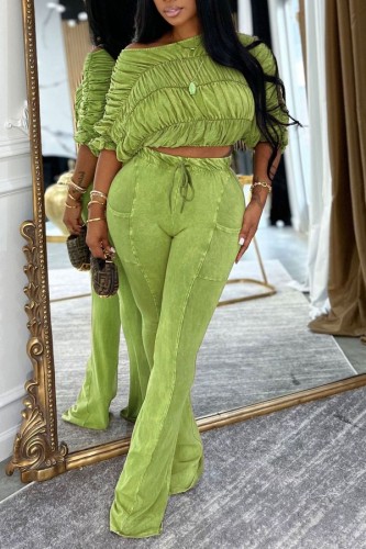 Green Casual Solid Color Off Shoulder Two Pieces