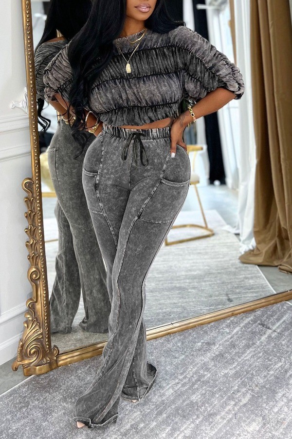 Grey Casual Solid Color Off Shoulder Two Pieces