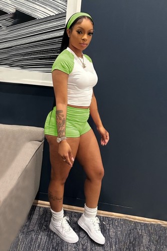 Green Solid Color O Neck Short Sleeve Two Pieces