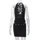 Black V Neck Sleeveless Two Pieces