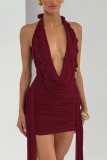 Brownness Backless Halter Wrapped Skirt Dresses