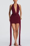 Brownness Backless Halter Wrapped Skirt Dresses