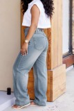 Blue Casual Distressed High Waist Straight Denim Jeans