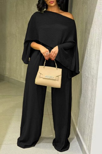 Black Casual Solid Color O Neck Half Sleeve Two Pieces