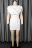 White Solid Color Off Shoulder Wrapped Skirt Dresses
