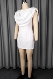 White Solid Color Off Shoulder Wrapped Skirt Dresses