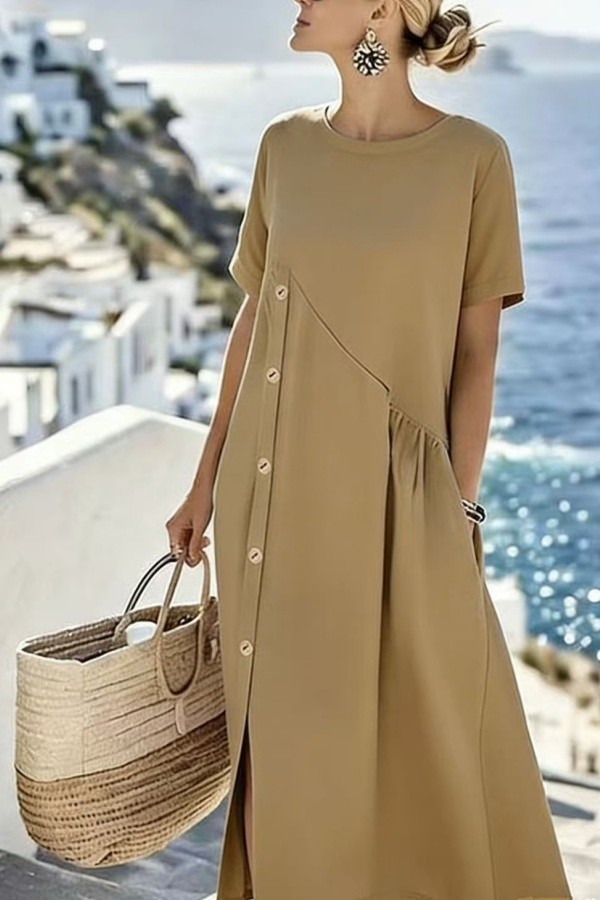 Khaki Casual Solid Color O Neck A Line Dresses