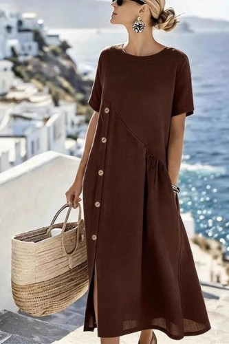 Coffee Casual Solid Color O Neck A Line Dresses