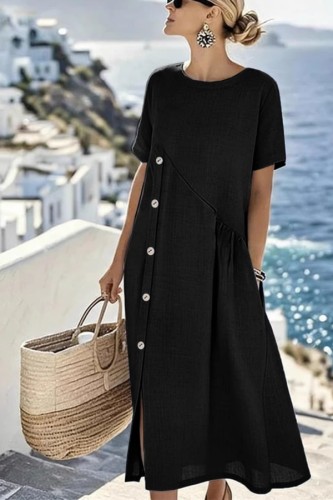 Black Casual Solid Color O Neck A Line Dresses