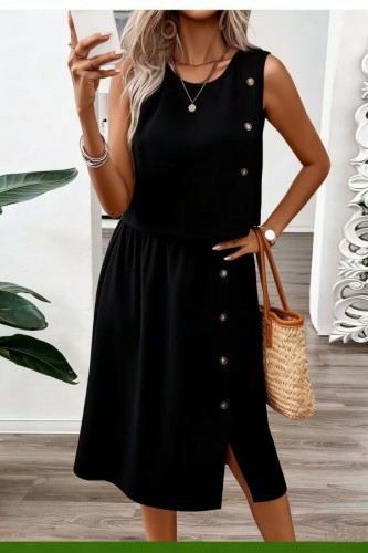 Black Solid Color O Neck Sleeveless Two Pieces