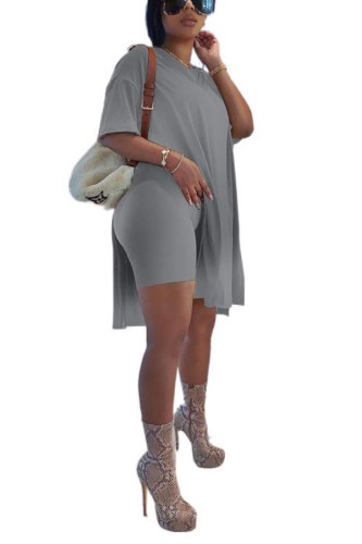 Grey Casual Solid Color O Neck Short Sleeve Two Pieces