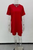 Pink Casual Solid Color O Neck Short Sleeve Two Pieces