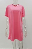 Pink Casual Solid Color O Neck Short Sleeve Two Pieces
