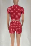 Red Casual Polka Dot O Neck Short Sleeve Two Pieces