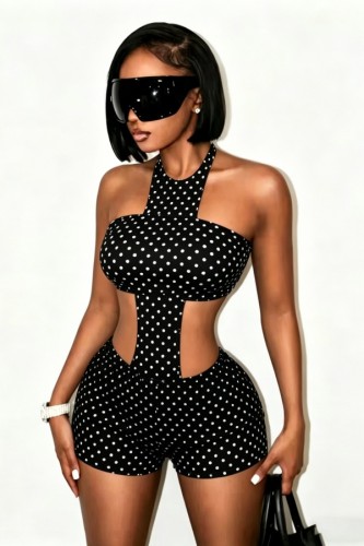 Black Sexy Polka Dot Backless O Neck Skinny Rompers