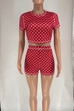 Red Casual Polka Dot O Neck Short Sleeve Two Pieces