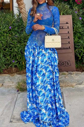 Blue Party Formal Prom Irregular Printed O Neck Dresses