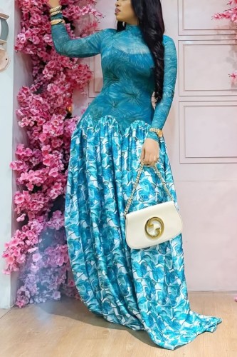 Lake Blue Party Formal Prom Irregular Printed O Neck Dresses