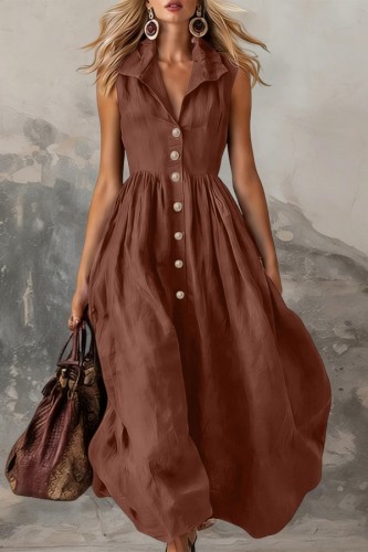 Dark Brown Casual Solid Color V Neck A Line Dresses