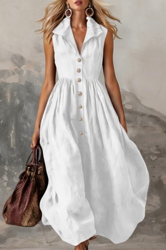 White Casual Solid Color V Neck A Line Dresses