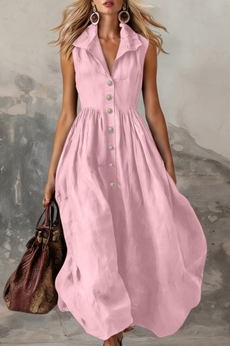 Pink Casual Solid Color V Neck A Line Dresses