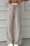 Khaki Casual Daily Plaid Lace Loose High Waist Bottoms